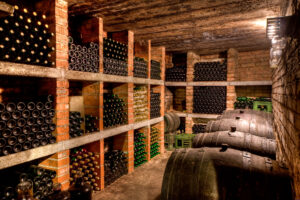 A picture of a well maintained wine cellar. 