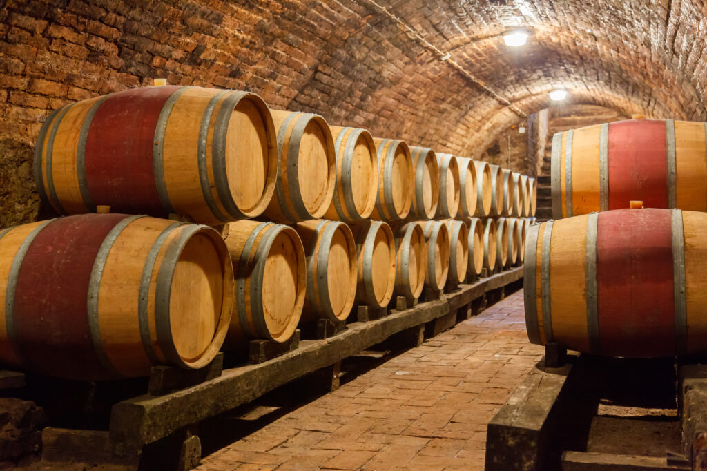 Oak barrels in a underground wine cellar