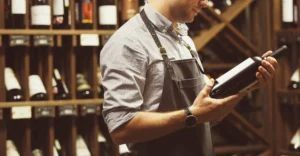 Wine professionals can help with finding wines with perfect provenance. The image shows a wine professional examining a bottle of wine.m 