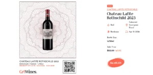 Technology can help in determining a wine's provenance, like with GrtWines where blockchain technology is used to document a wine's provenance. The image shows a GrtWines NFT for Chateau Lafite Rothschild 2023. 