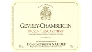 A photo of a label of Gevrey-Chambertin Les Cazetiers a premier cru wine from Burgundy. 