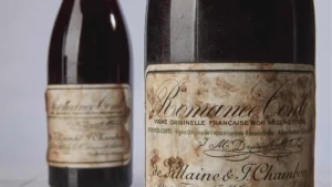 A photo of a 1945 Domaine de la Romanée-Conti grand cru wine which set a world record by selling at auction for $558,000.