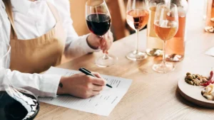 An image of a sommelier about to begin filling out a tasting note sheet while tasting different wines. 